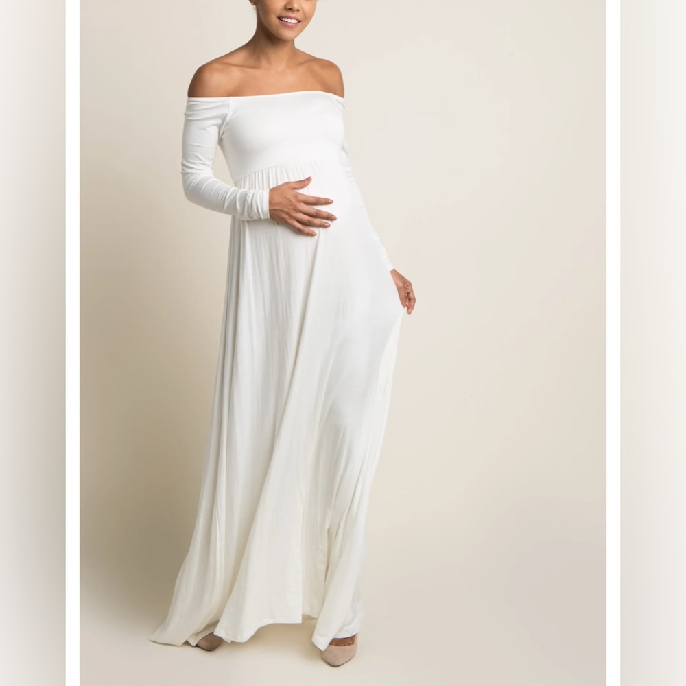 PinkBlush Ivory Solid Off Shoulder Maternity Maxi Dress